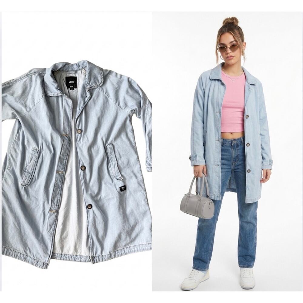 Vans Light Wash Denim Longline Car Coat Trench Jacket Medium